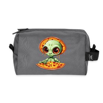 green alien enjoys salami pizza - Recycled Toiletry Zip Bag - anthracite - Front