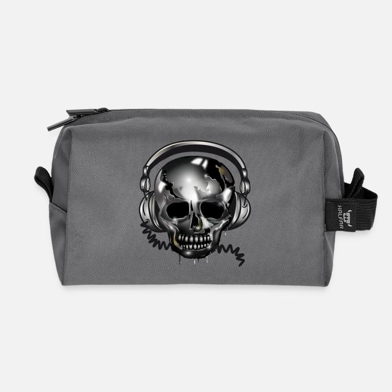 Totenkopf Skull mit Kopfhörer im Chrom Look - Recycelte Kulturtasche - Anthrazit