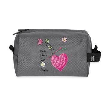 Coeur tricoté avec des fleurs et des aiguilles à tricoter - Trousse de toilette en tissu recyclé - anthracite - Devant