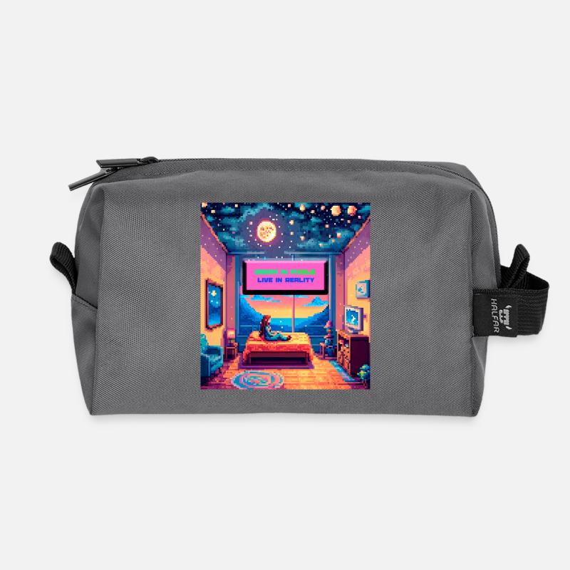 Dream in Pixels — Retro Room Pixel Art Quote - Recycled Toiletry Zip Bag - anthracite