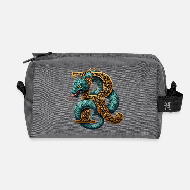 Drache um den Buchstaben R verziert - Recycelte Kulturtasche - Anthrazit