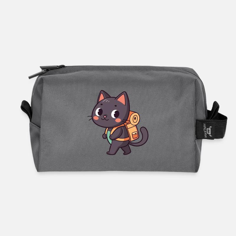 Explorer Cat with Orange Backpack - Recycled Toiletry Zip Bag - anthracite