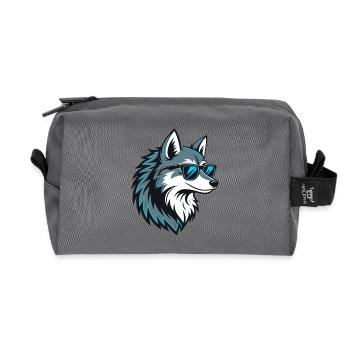 Stylischer Wolf mit blauer Brille - Recycelte Kulturtasche - Anthrazit - Vorne