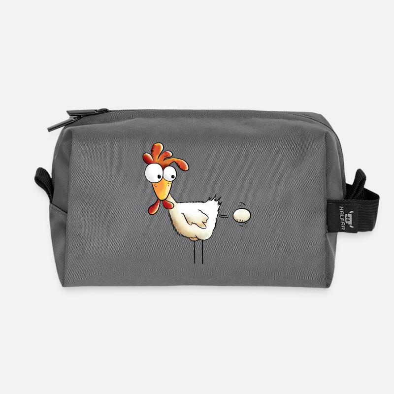 Huhn drückt ein Ei raus - Hahn - Gockel - Henne - Recycelte Kulturtasche - Anthrazit