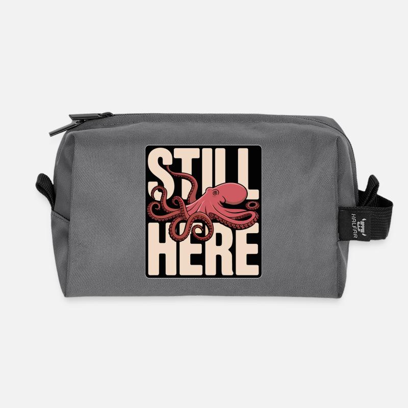Octopus in the lettering "Still Here" - Recycled Toiletry Zip Bag - anthracite