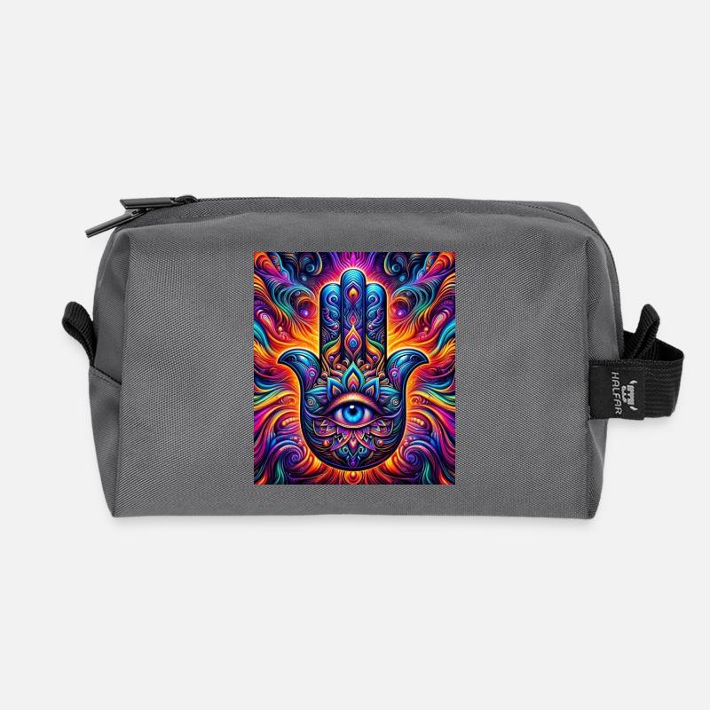 Psychedelic Hamsa Eye Hand Mandala - Recycled Toiletry Zip Bag - anthracite