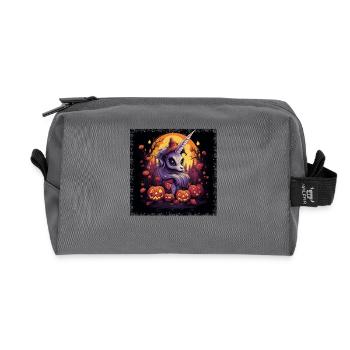 Halloween-Einhorn mit Kürbis im Sonnenuntergang - Recycelte Kulturtasche - Anthrazit - Vorne