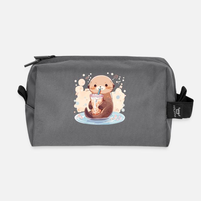 Kawaii Otter trinkt Boba Bubble Tea Chibi - Recycelte Kulturtasche - Anthrazit