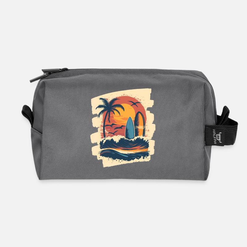 Beach Palm Trees Sunset Surfer Summer - Recycled Toiletry Zip Bag - anthracite