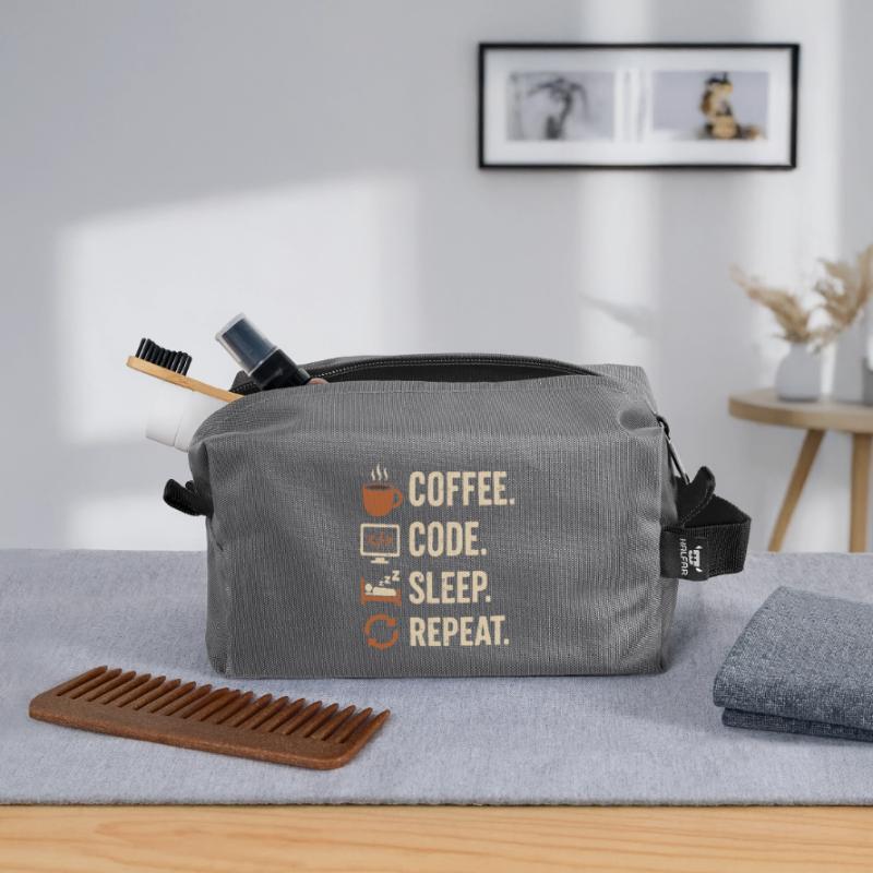 Codeur Geek Routine – Café, Code, Dodo, Encore Trousse de toilette en tissu recyclé