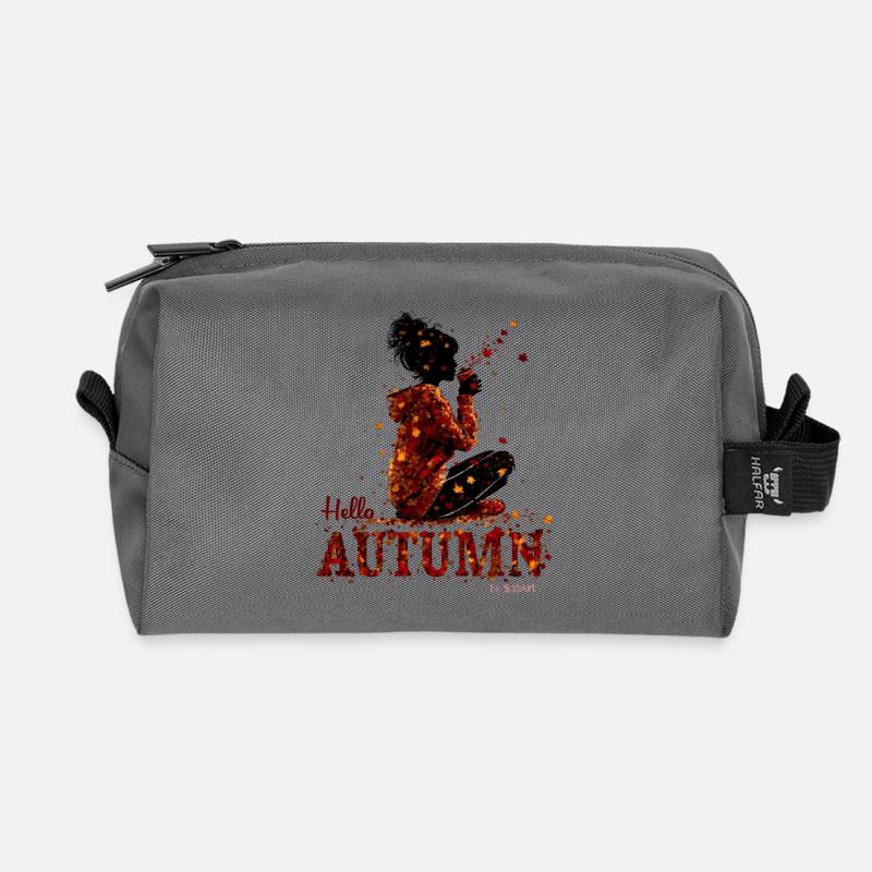 Hello Autumn – Kuscheliges Mädchen und Heißgetränk - Recycelte Kulturtasche - Anthrazit