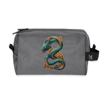 Dragon sur lettrine S dorée - Trousse de toilette en tissu recyclé - anthracite - Devant