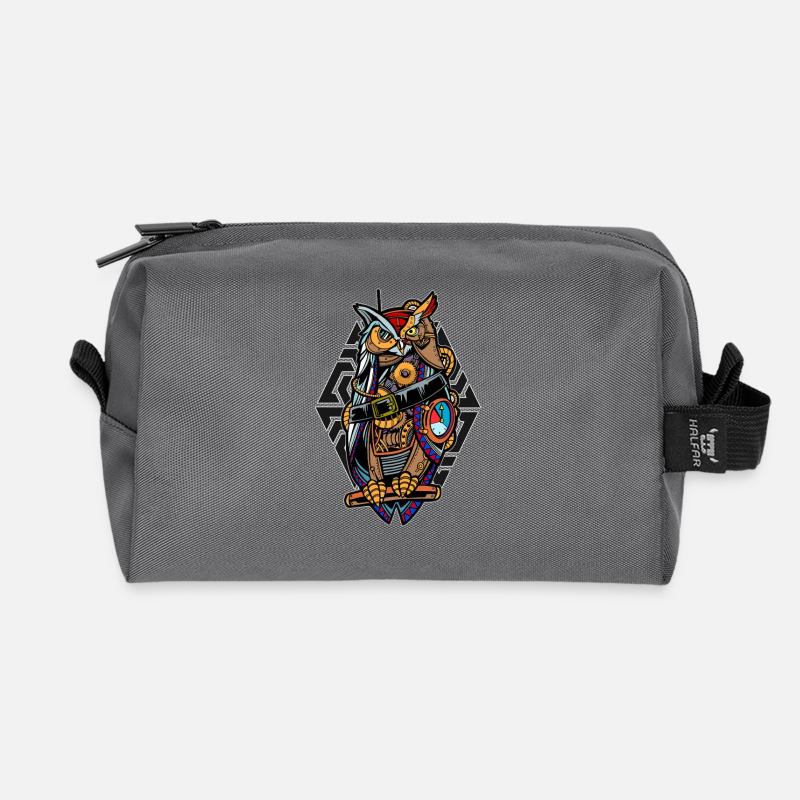 Steampunk Owl with Gears Mystical Mechanical - Recycled Toiletry Zip Bag - anthracite