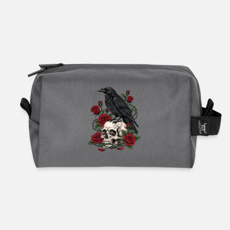 Midnight Crow on Skull Roses - Recycled Toiletry Zip Bag - anthracite