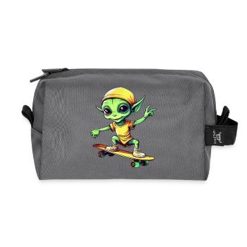 Green Alien on Skateboard: Intergalactic - Recycled Toiletry Zip Bag - anthracite - Front