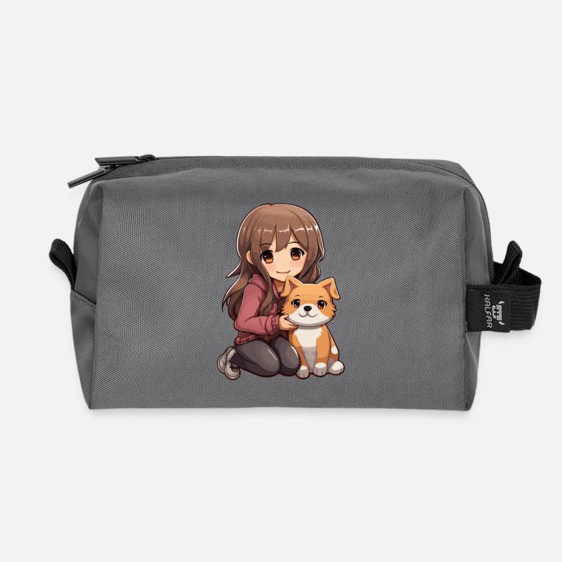 Kawaii Mädchen Anime Manga Mädchen und Hund - Recycelte Kulturtasche - Anthrazit