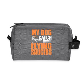 My Dog Catch Flying Saucers Funny Disc Dog Humor - Recycled Toiletry Zip Bag - anthracite - Front