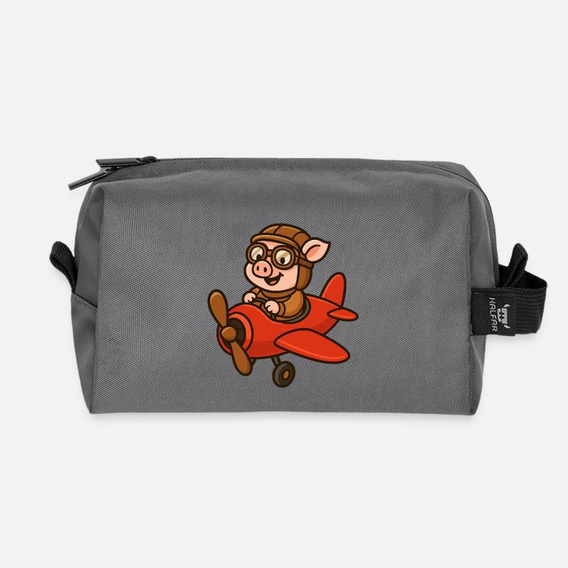 Expressive pig pilot in retro style - Recycled Toiletry Zip Bag - anthracite
