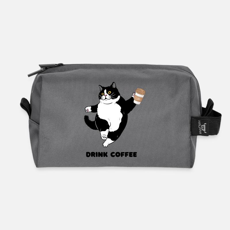 Whimsical Cat Coffee Dance Design - Recycled Toiletry Zip Bag - anthracite
