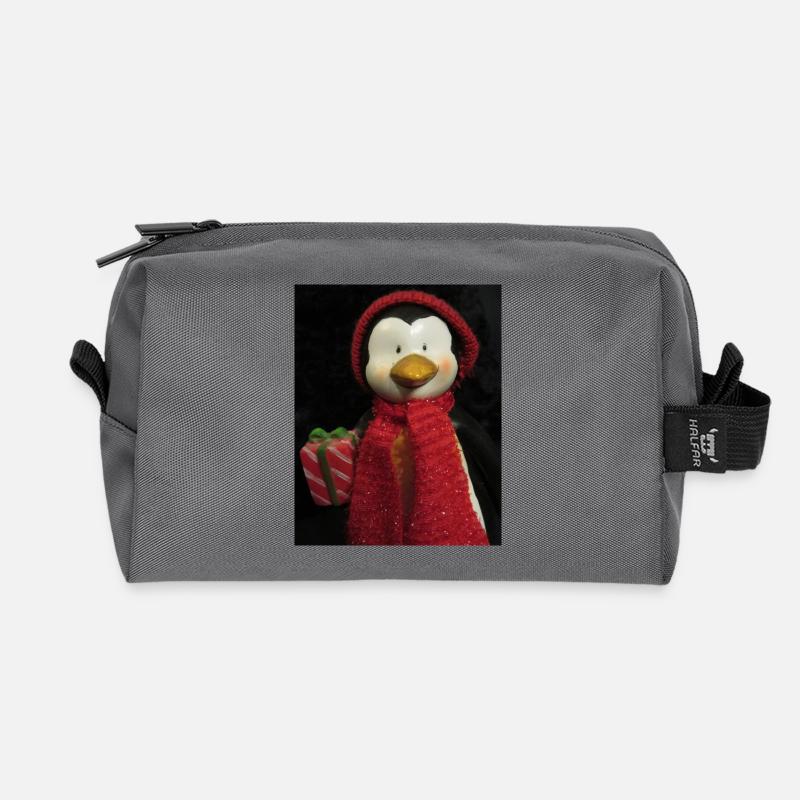 Pinguin mit Hut, Schal und Geschenk - Recycelte Kulturtasche - Anthrazit