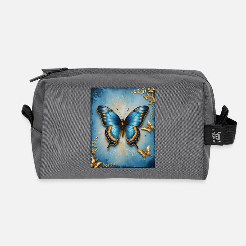 Azurblauer Schmetterling mit Goldakzenten - Recycelte Kulturtasche - Anthrazit