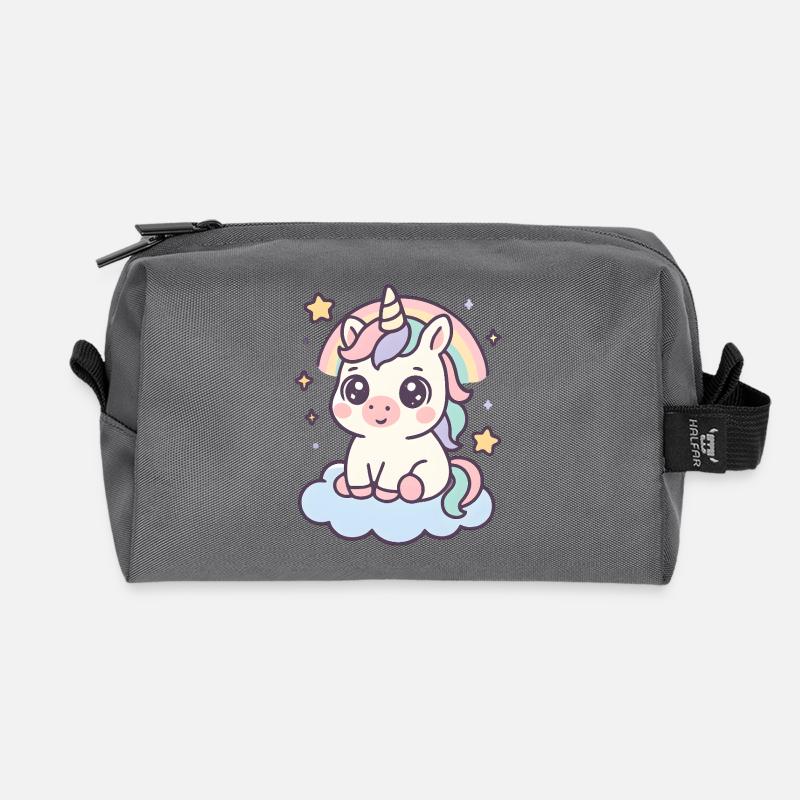 Kawaii Einhorn auf Wolke mit Regenbogen Sterne - Recycelte Kulturtasche - Anthrazit