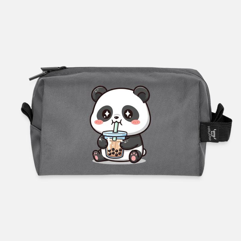 Cuddly panda bear with bubble tea - Recycled Toiletry Zip Bag - anthracite