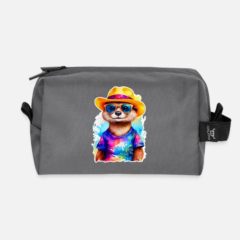 Otter mit Strohhut - Recycelte Kulturtasche - Anthrazit