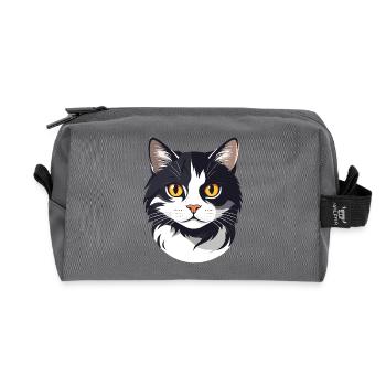 Graphique tête de chat noire et blanche, yeux dorés mignons de chat - Trousse de toilette en tissu recyclé - anthracite - Devant