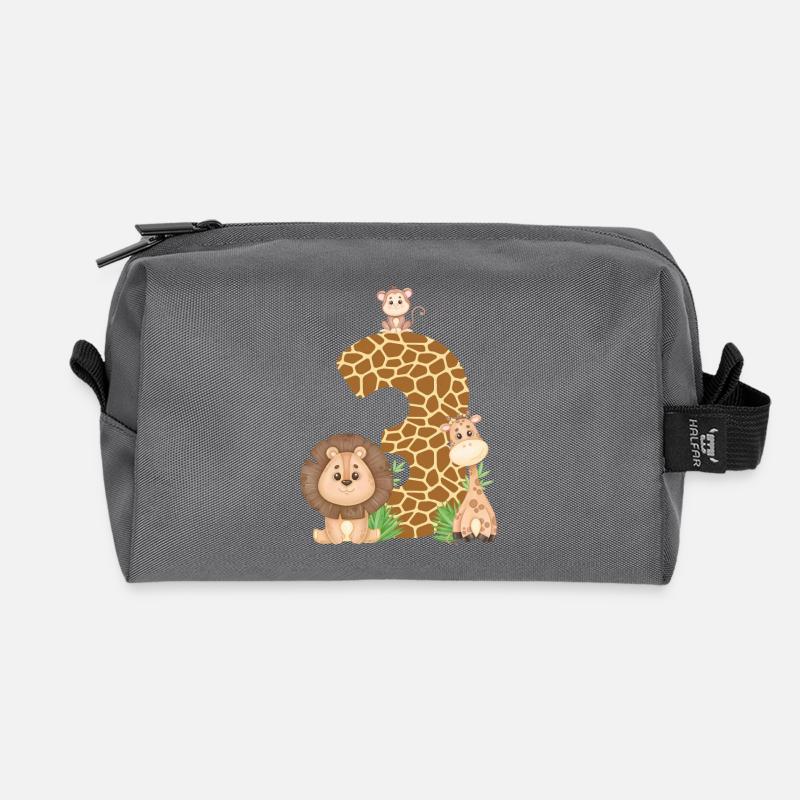 3rd Birthday: Jungle Animals: Giraffe, Lion, Monkey - Recycled Toiletry Zip Bag - anthracite