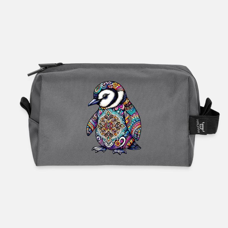 Pinguin mit Mandalas verziert - Recycelte Kulturtasche - Anthrazit