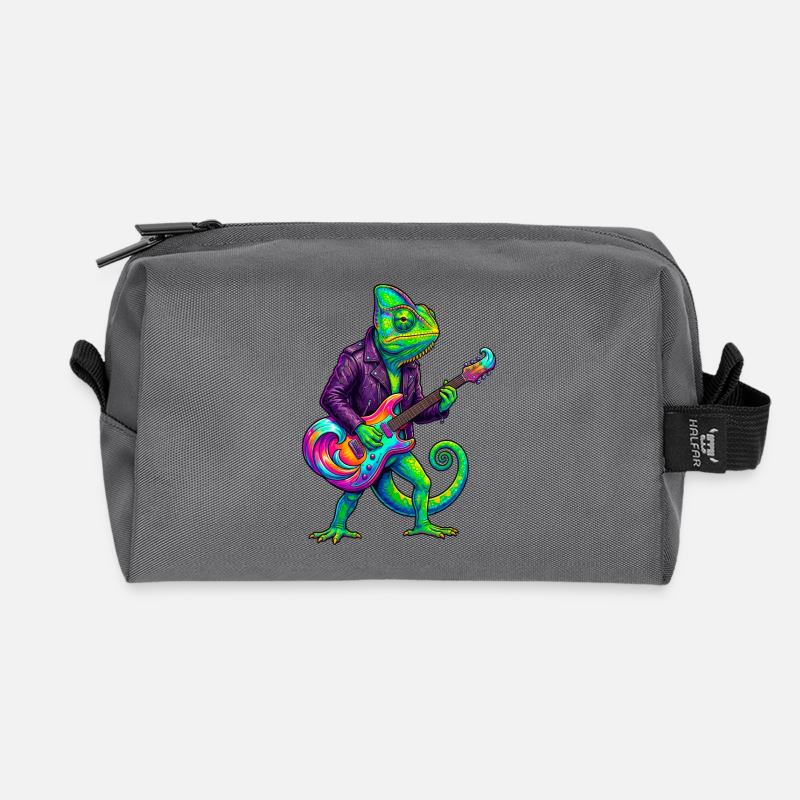 Chamäleon in Lederjacke und Neon E-Gitarre - Recycelte Kulturtasche - Anthrazit