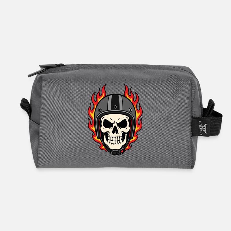 Flaming Skull with Motorcycle Helmet - Recycled Toiletry Zip Bag - anthracite