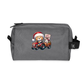 Weihnachts Teddy und süßer Hase im Traktor - Recycelte Kulturtasche - Anthrazit - Vorne