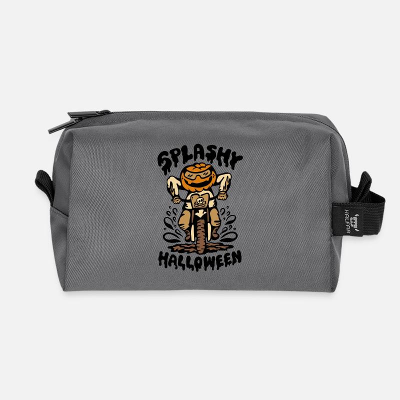 Halloween Pumpkin Biker Splashing Through Mud - Recycled Toiletry Zip Bag - anthracite