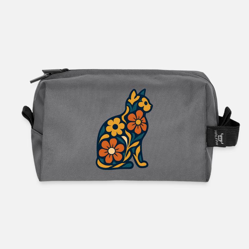 Flower cat in midnight blue - Recycled Toiletry Zip Bag - anthracite