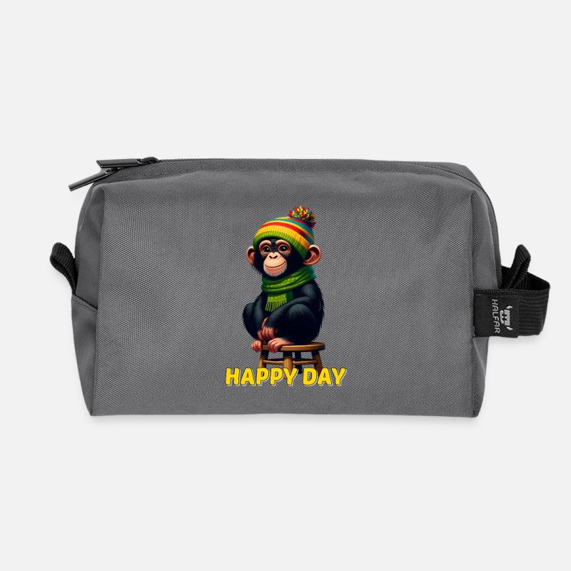 Playful monkey with winter hat - Recycled Toiletry Zip Bag - anthracite
