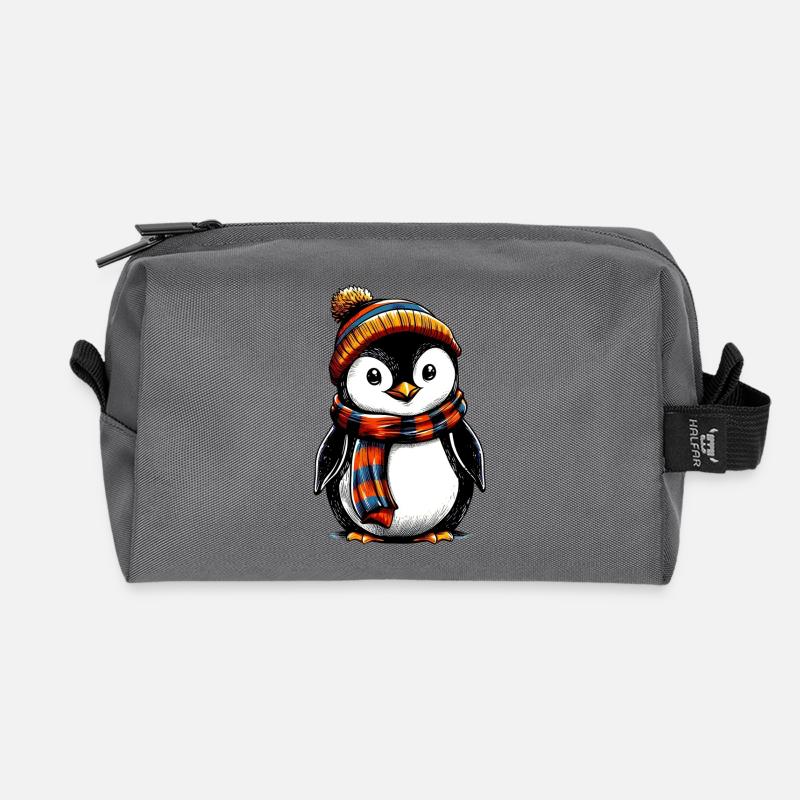 Pinguin mit Wollmütze und Schal - Recycelte Kulturtasche - Anthrazit