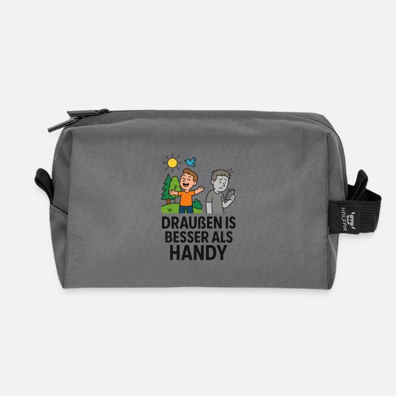 Humorvoller Spruch draußen ist besser als Handy  - Recycelte Kulturtasche - Anthrazit