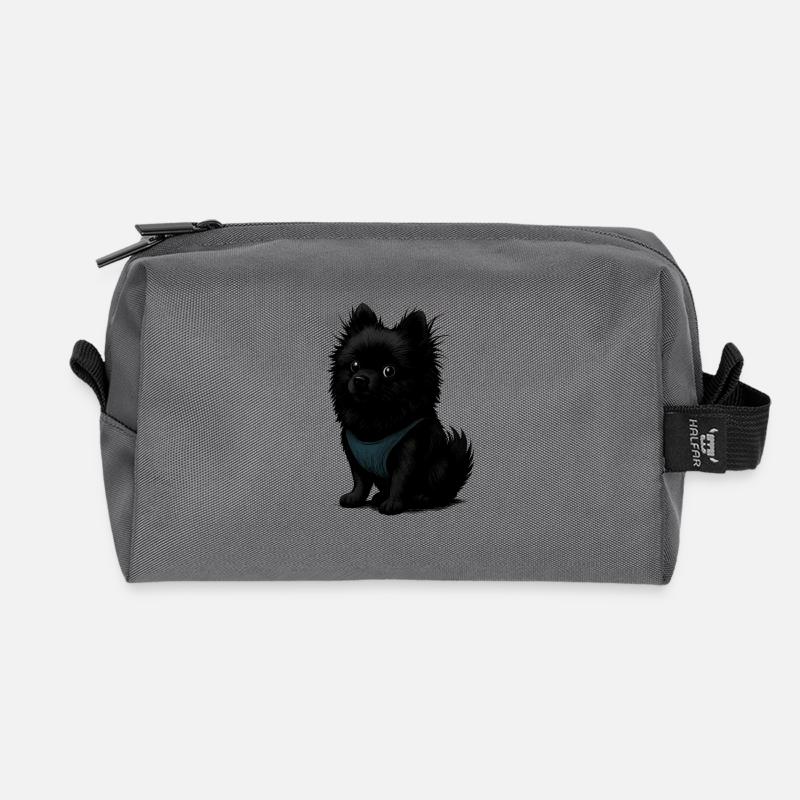 Schwarzer Spitz Hund mit blauer Weste - Recycelte Kulturtasche - Anthrazit