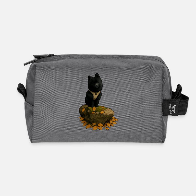 Black Spitz Dog on Tree Trunk - Recycled Toiletry Zip Bag - anthracite