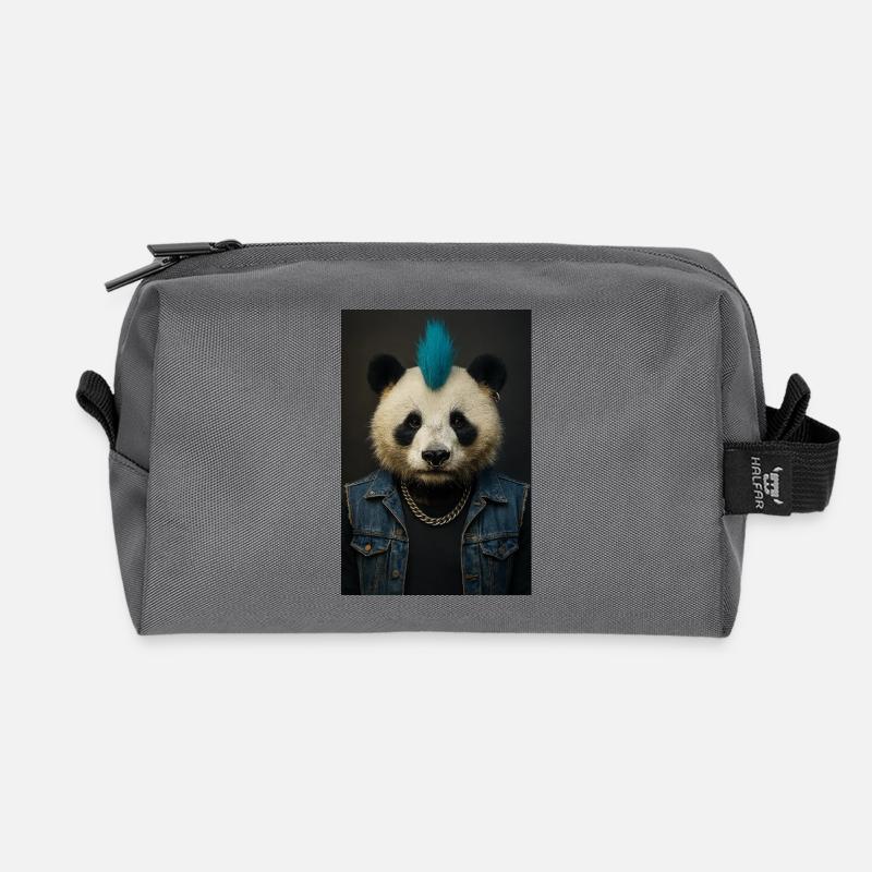 Panda Punk with Blue Mohawk - Recycled Toiletry Zip Bag - anthracite