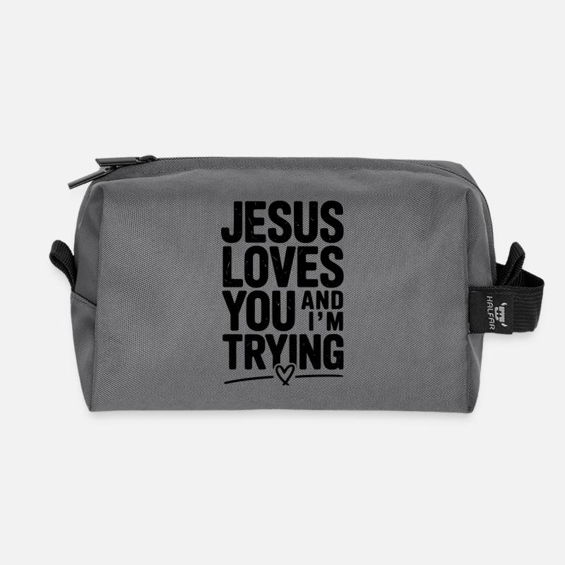 Jesus liebt dich und ich versuche es - Recycelte Kulturtasche - Anthrazit