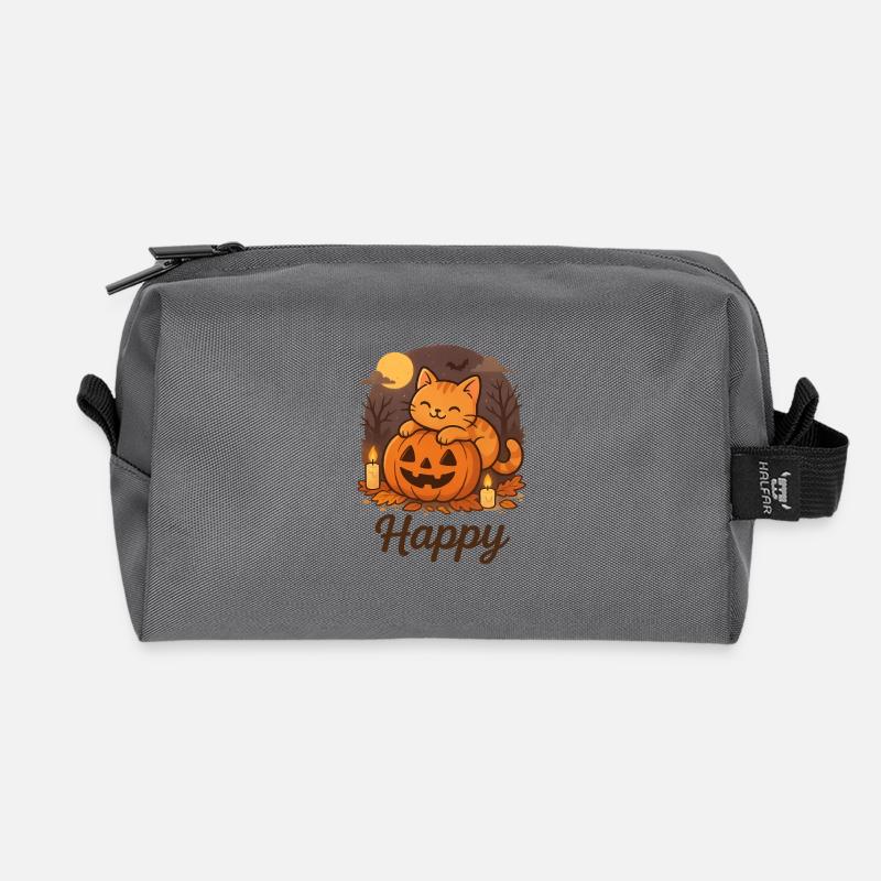 Halloween Braune Katze – Glücklich - Recycelte Kulturtasche - Anthrazit