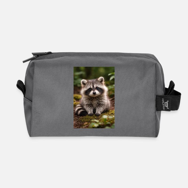 Tiny Raccoon Cub in Forest - Recycled Toiletry Zip Bag - anthracite