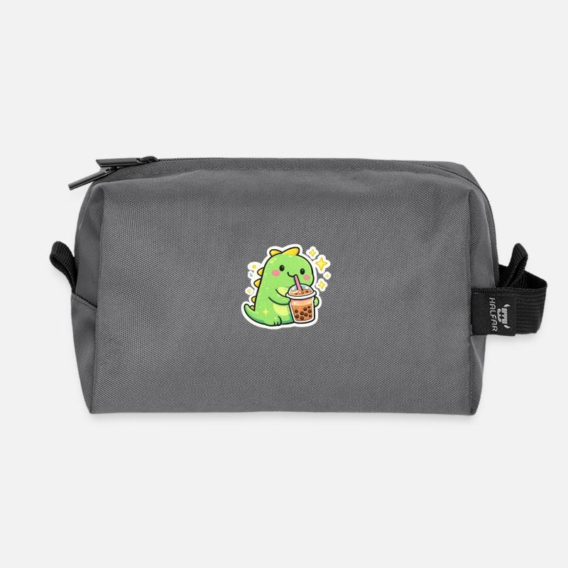 Sweet dinosaur with bubble tea - Recycled Toiletry Zip Bag - anthracite