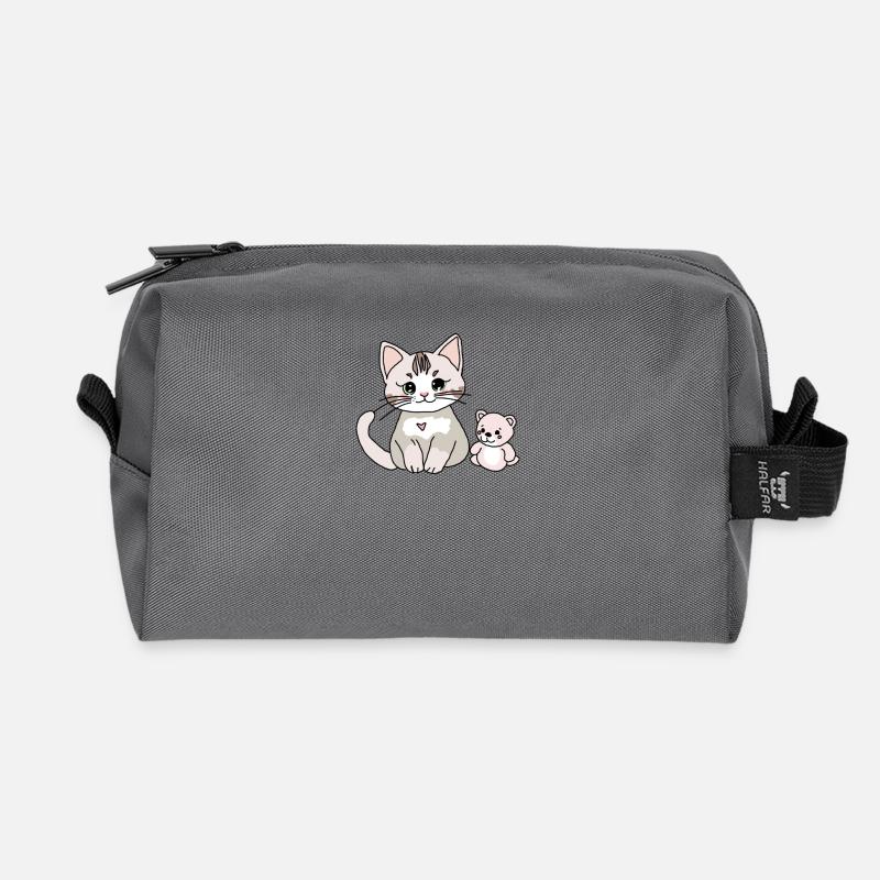 Süße Katze mit ihrem Teddy - Recycelte Kulturtasche - Anthrazit
