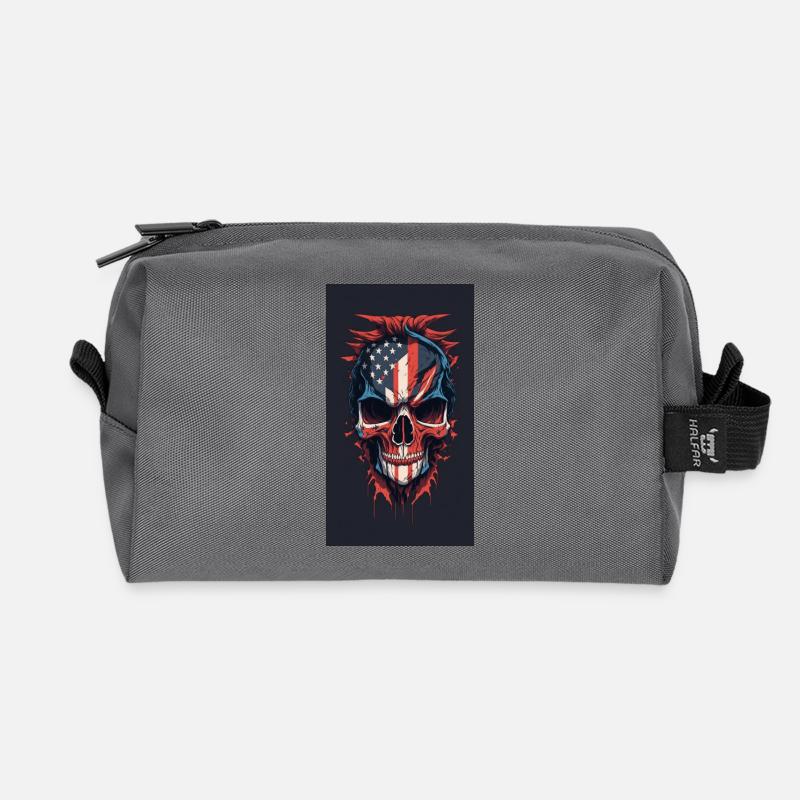 Drapeau américain dessiné face maléfique crâne de mort - Trousse de toilette en tissu recyclé - anthracite