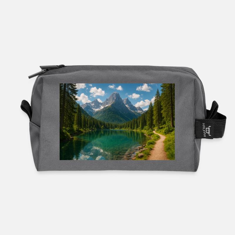 Mountain lake path in the forest - Recycled Toiletry Zip Bag - anthracite