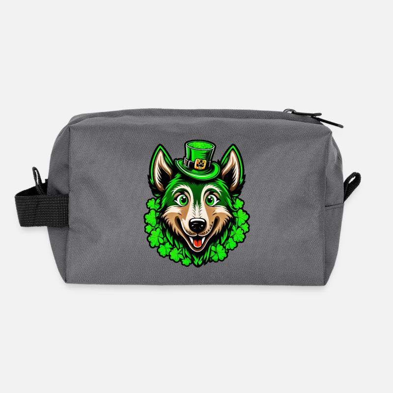 St. Patrick's Day Wolf with hat with green eyes Recycled Toiletry Zip Bag